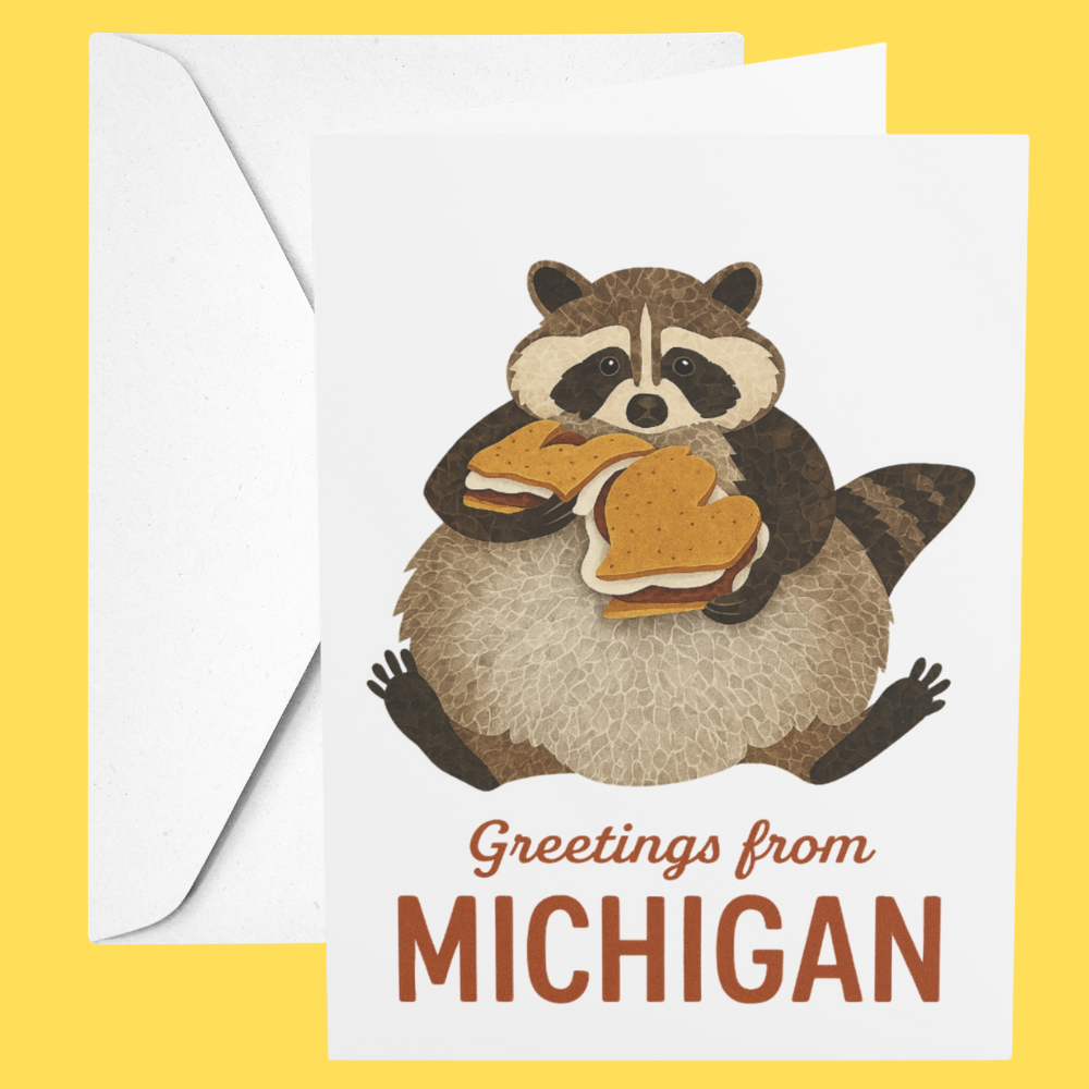 Card with a raccoon holding a sandwich and 'Greetings from Michigan' text on a yellow background