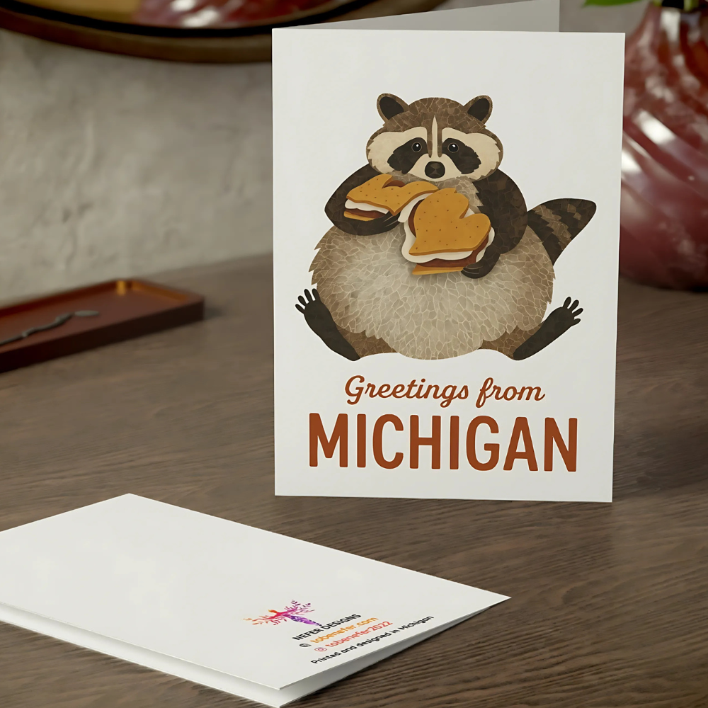 Greeting card with a raccoon holding a cheeseburger and 'Greetings from Michigan' text on a wooden surface.