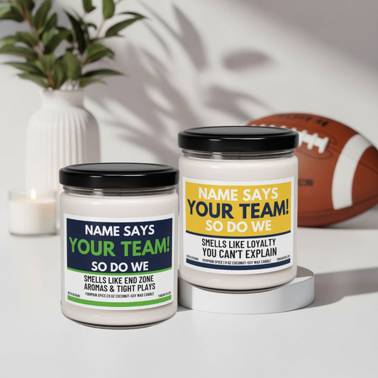 Two candles with sports-themed labels on a surface with a football in the background.