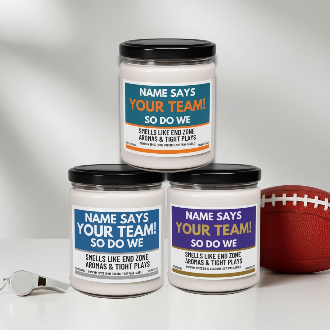 Three candles with customizable team names and a football on a white background