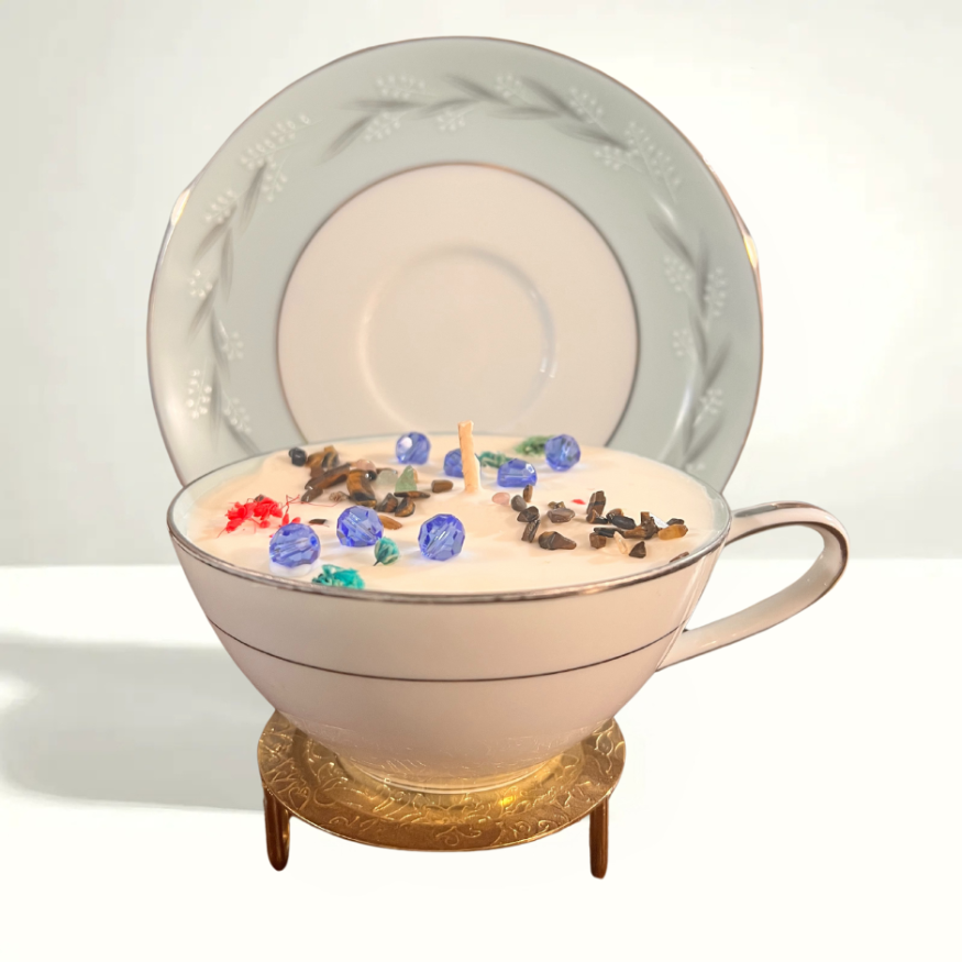 Elegant teacup and saucer set from Noritake Sheldon 5821, featuring platinum trim and floral motifs, produced between the 1960s and 1970s