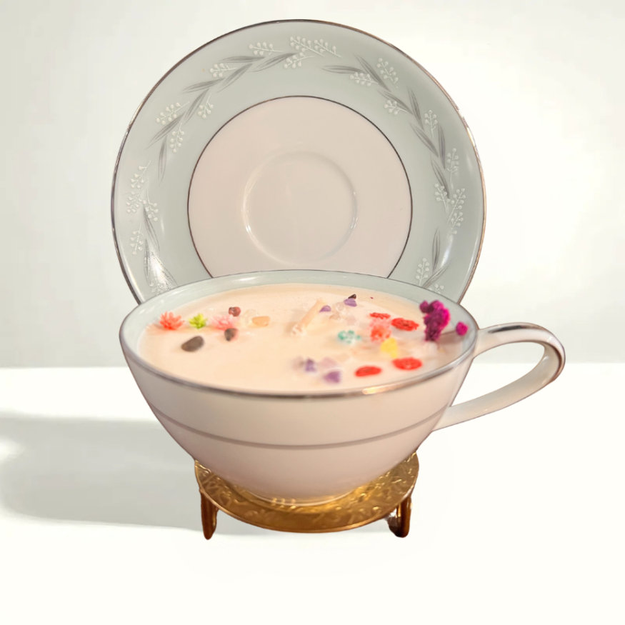 Noritake Sheldon 5821 teacup and saucer featuring platinum trim and gray floral motifs, crafted in Japan from the 1960s to 1970s