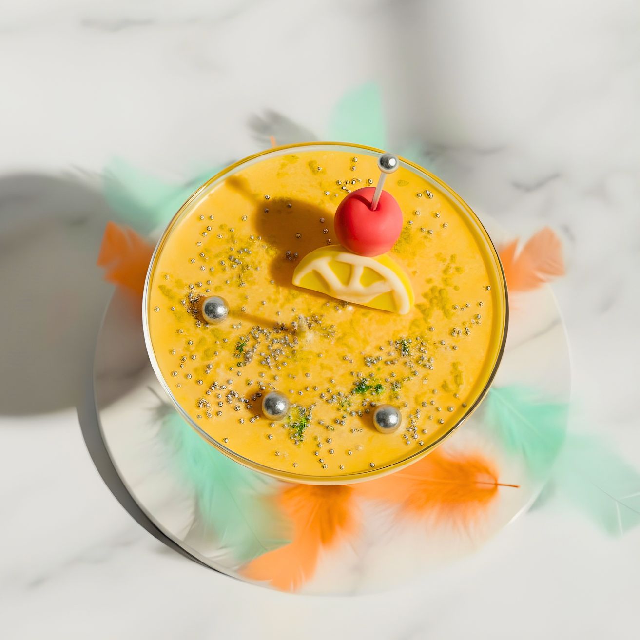 A close-up, overhead view of the yellow cocktail candle's surface, showing the cherry, lemon slice, silver balls, and sprinkles, with teal and orange feathers around the white marble background.