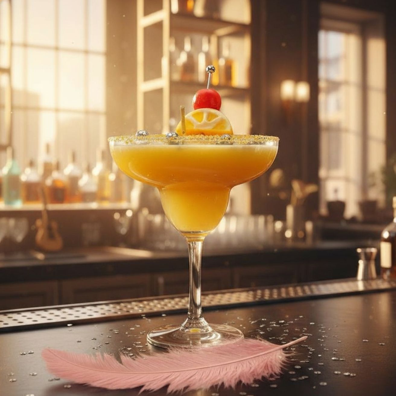 A yellow cocktail candle in a margarita glass, sitting on a dark bar counter with a single pink feather. The background is a blurred, warm-lit bar scene with shelves of liquor bottles