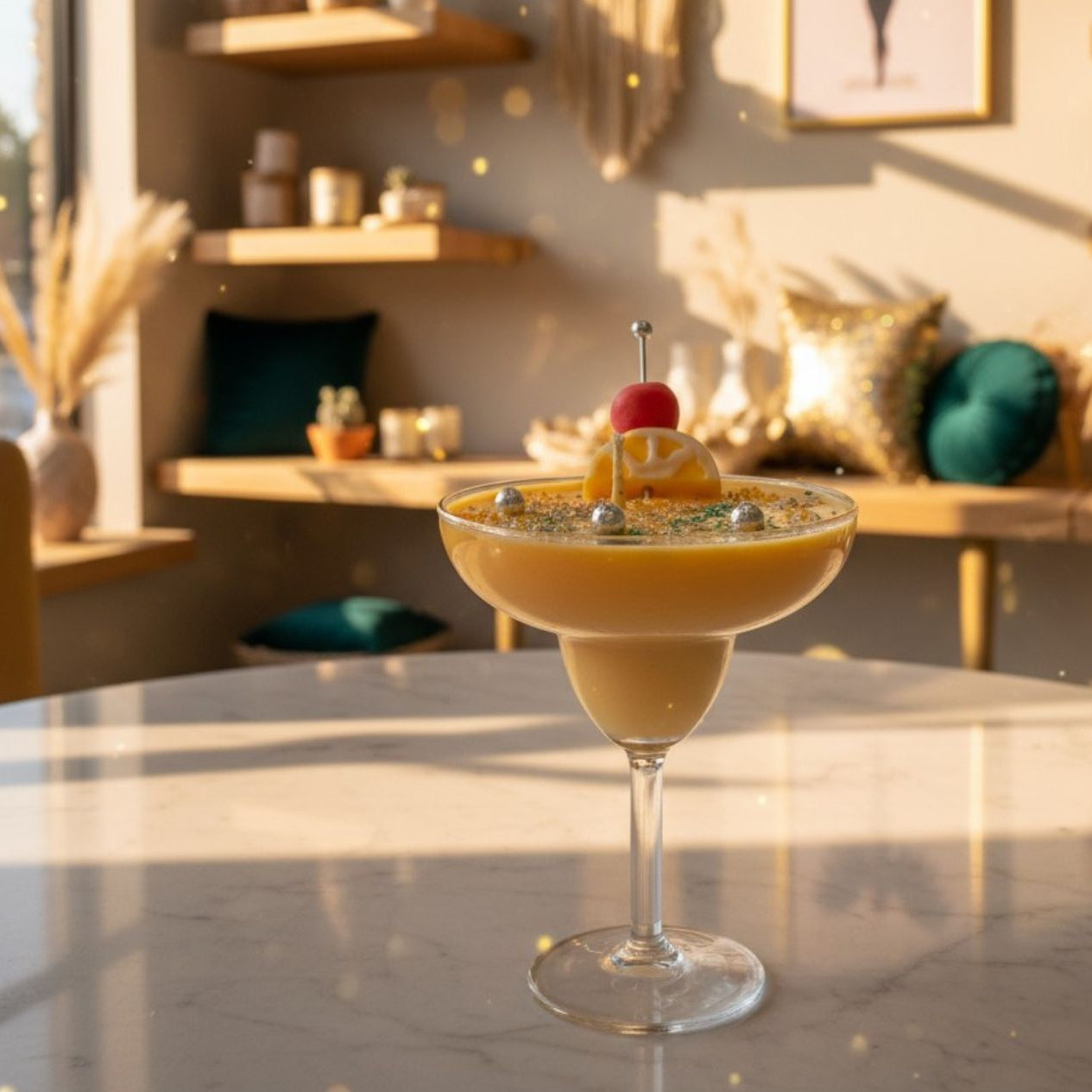 A yellow cocktail candle in a margarita glass, placed on a marble table in a bright, sunlit cafe or modern indoor space with wooden shelves in the background.