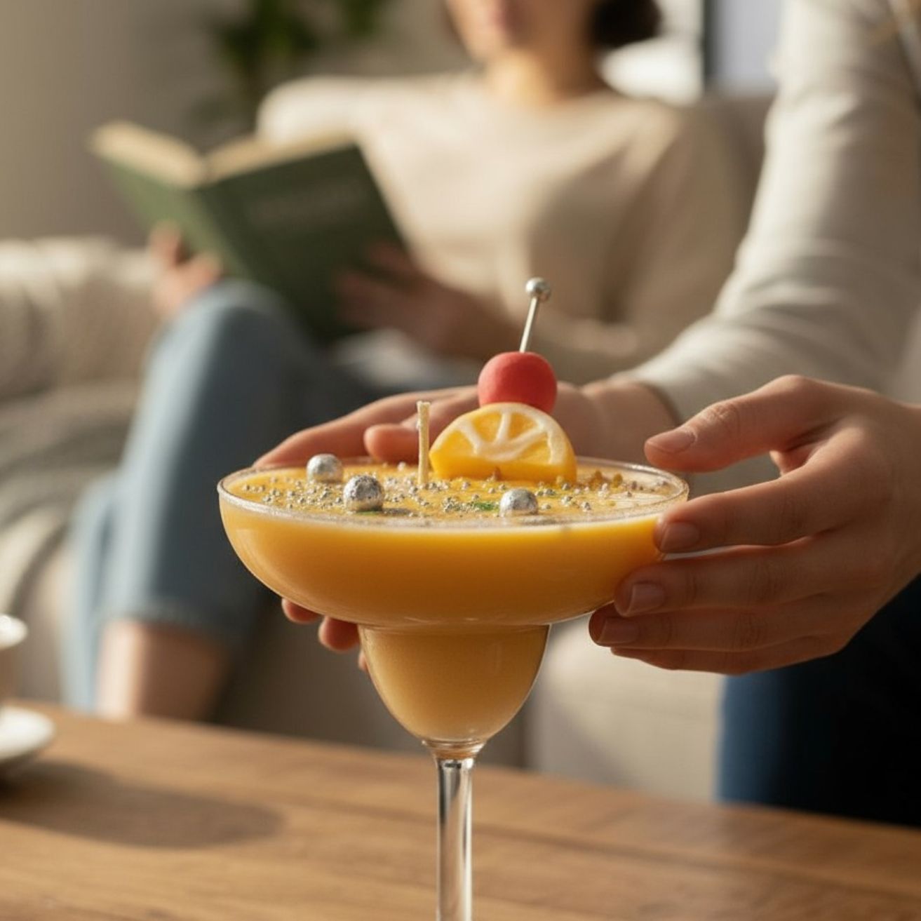 A close-up of a person's hands holding the yellow cocktail candle. Another person is visible, blurred in the background, sitting on a couch and reading a book.
