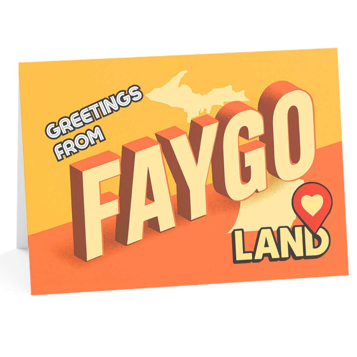 Greeting card with 'Greetings from Faygo Land' text on a yellow and orange background