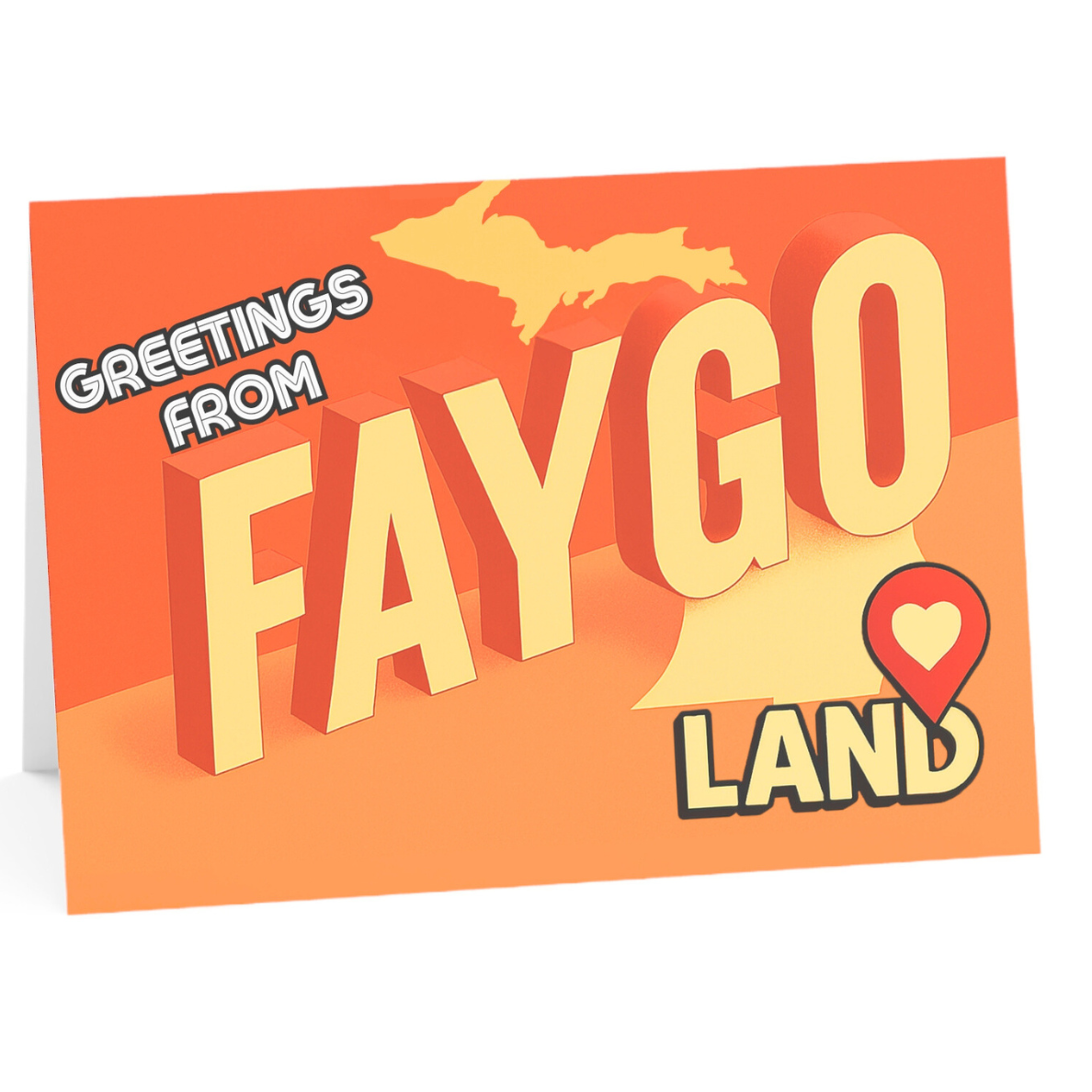 Greeting card with 'Greetings from Faygo Land' text on an orange background