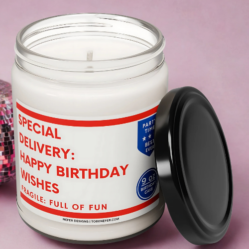 Priority Mail-themed birthday candle with clean cotton wick and eco-friendly wax