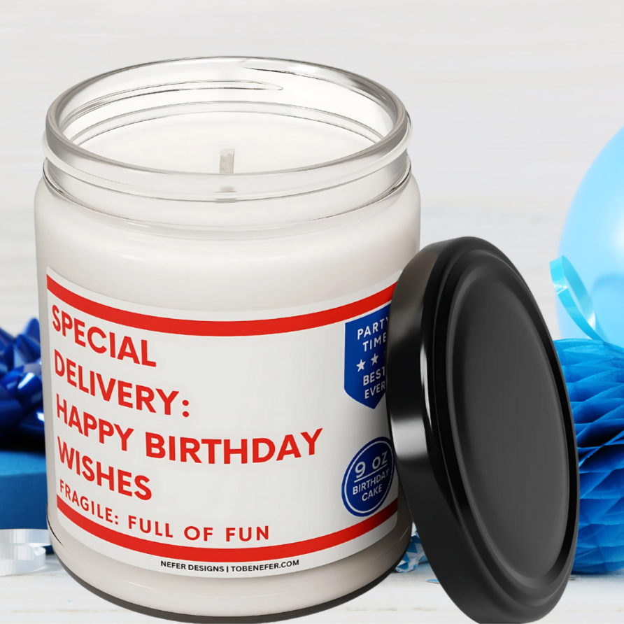 Hand-poured coconut soy birthday candle with fun mail-themed label