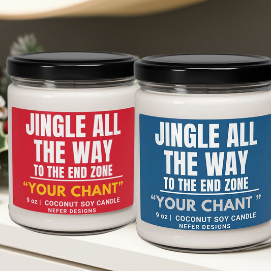 Two candles with red and blue labels on a white surface