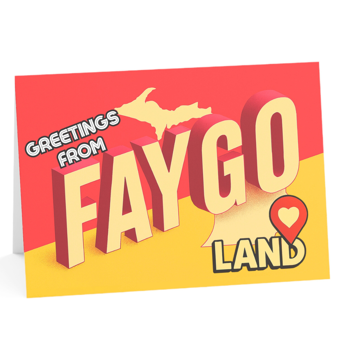 Card with 'Greetings from Faygo Land' text on a red and yellow background