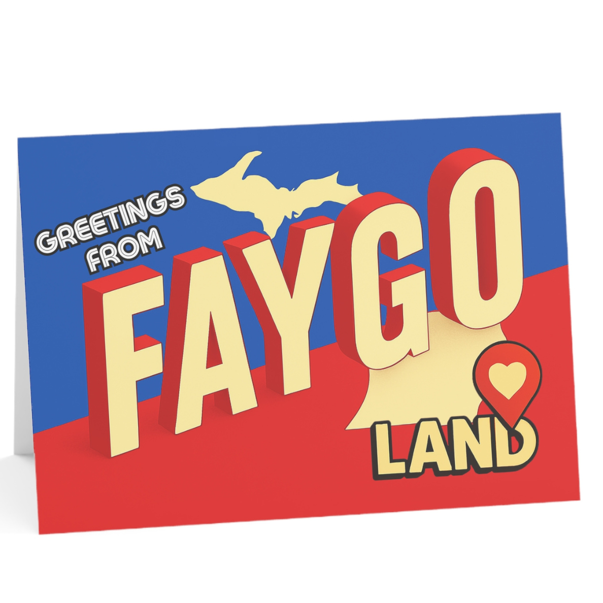 Greeting card with 'Faygo Land' design on a blue and red background