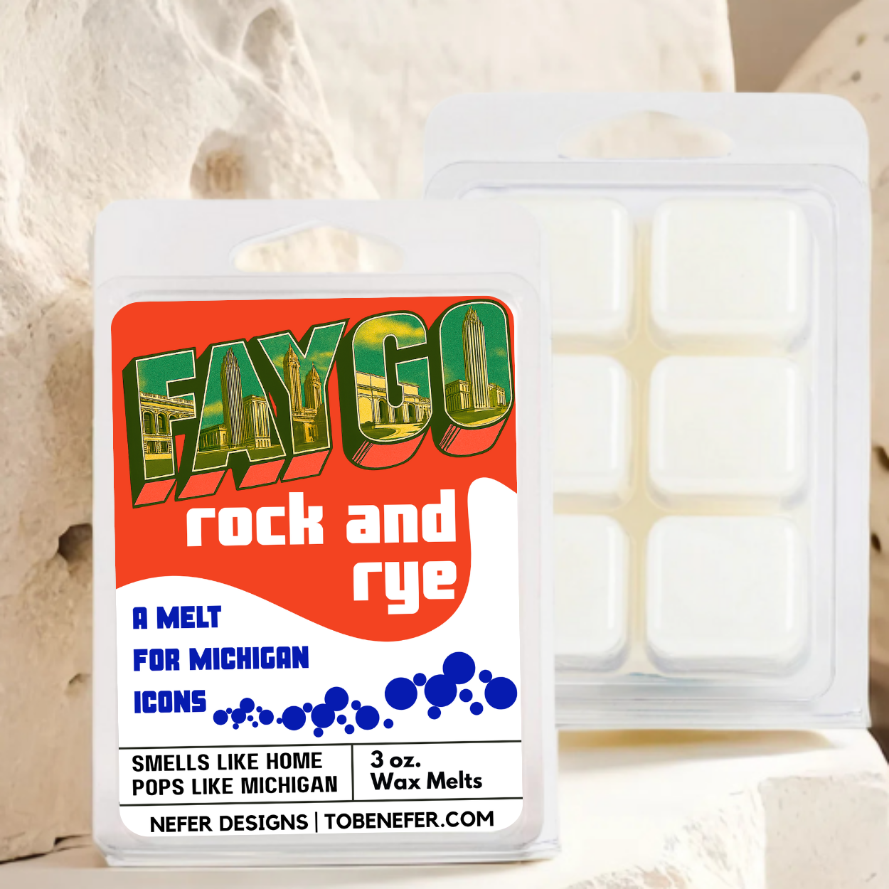 Wax melt packaging with 'Faygo' branding and product details on a neutral background