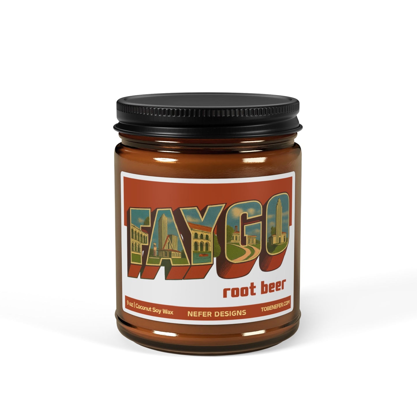 Candle jar with 'Faygo root beer' label on a white background