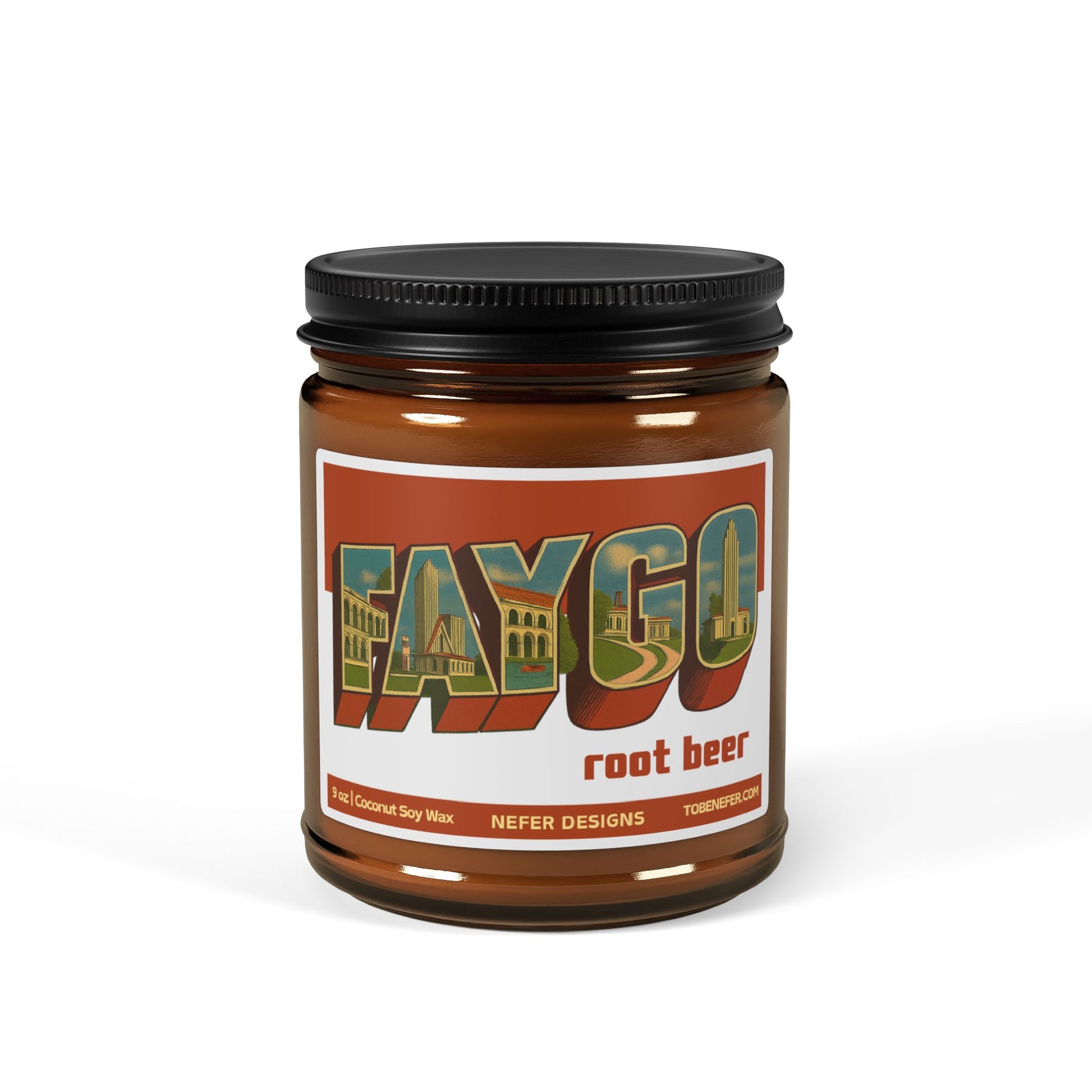 Candle jar with 'Faygo root beer' label on a white background