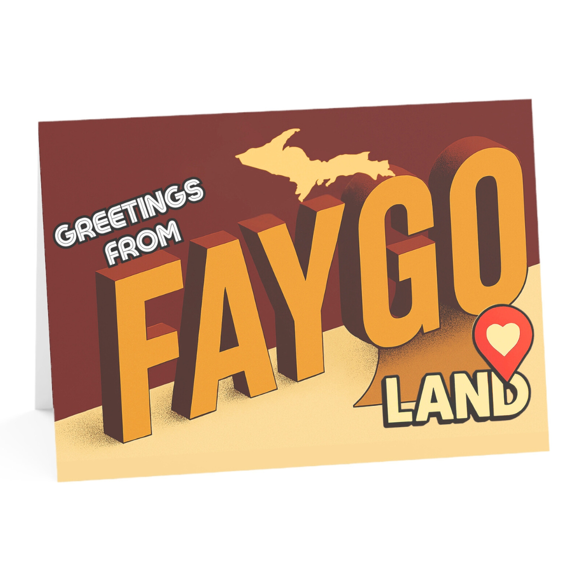 Greeting card with 'Greetings from FAYGO Land' text and map of Michigan on a red background