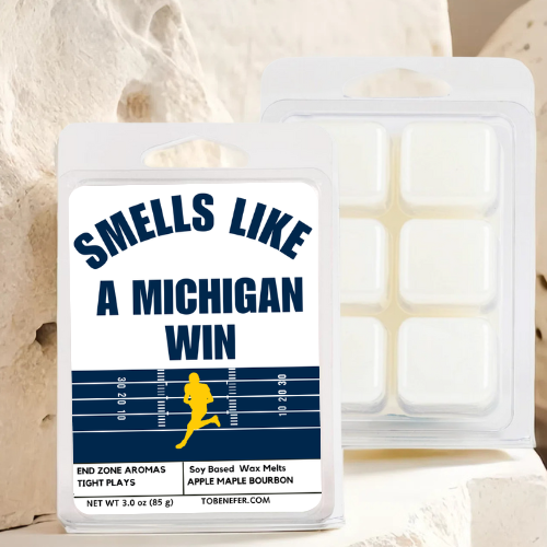 Smells Like a Michigan Win Candle – University Michigan Game Day Wax Melt with a Maize and Blue Color Label. Perfect for Fans, Tailgates, and Gifts.