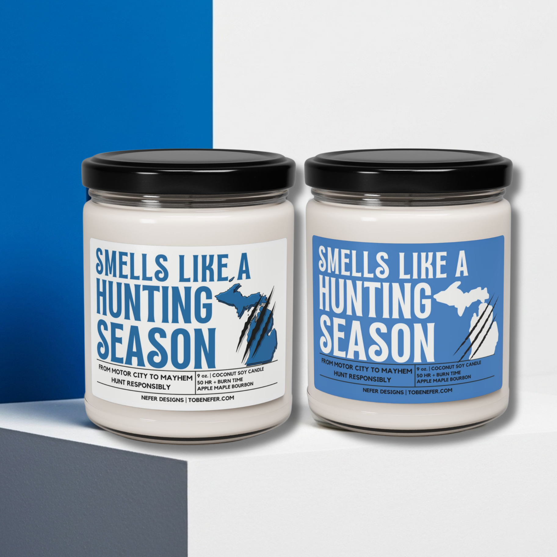 Two candles with labels reading 'Smells Like a Hunting Season' on a blue and white background.