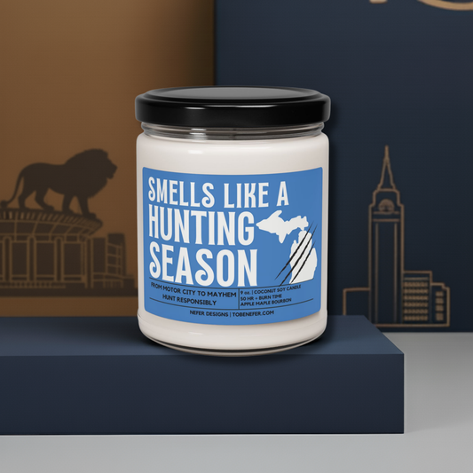 Candle jar with a blue label featuring text and a map, set against a dark background with silhouettes of a lion and buildings.