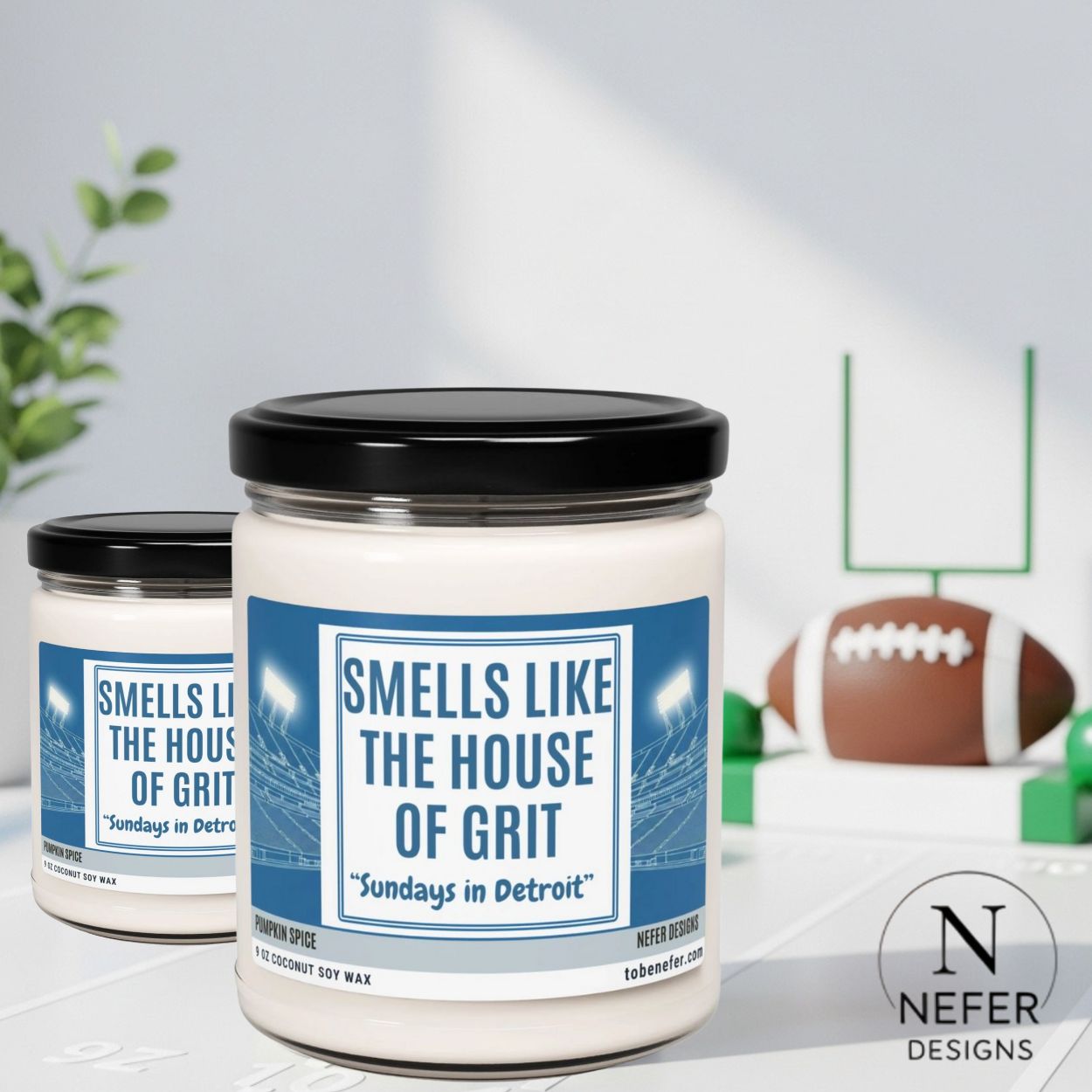 Candle with 'Smells Like the House of Grit' label in a sports-themed setting