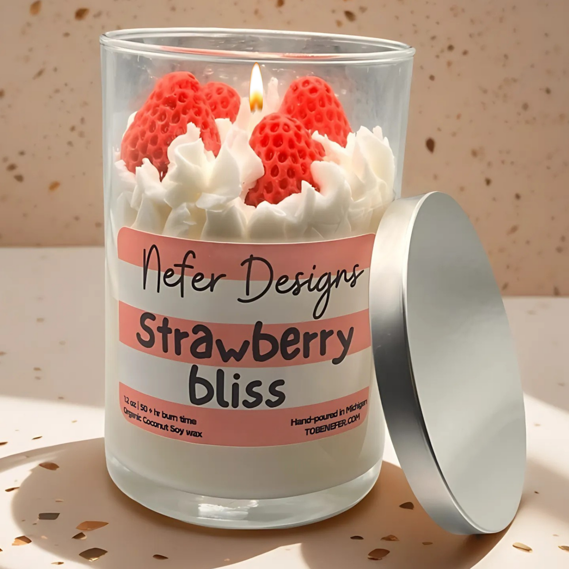 Strawberry Bliss Soy Candle with a juicy, sweet strawberry scent, hand-poured with coconut soy wax and topped with a swirl of whipped cream wax.