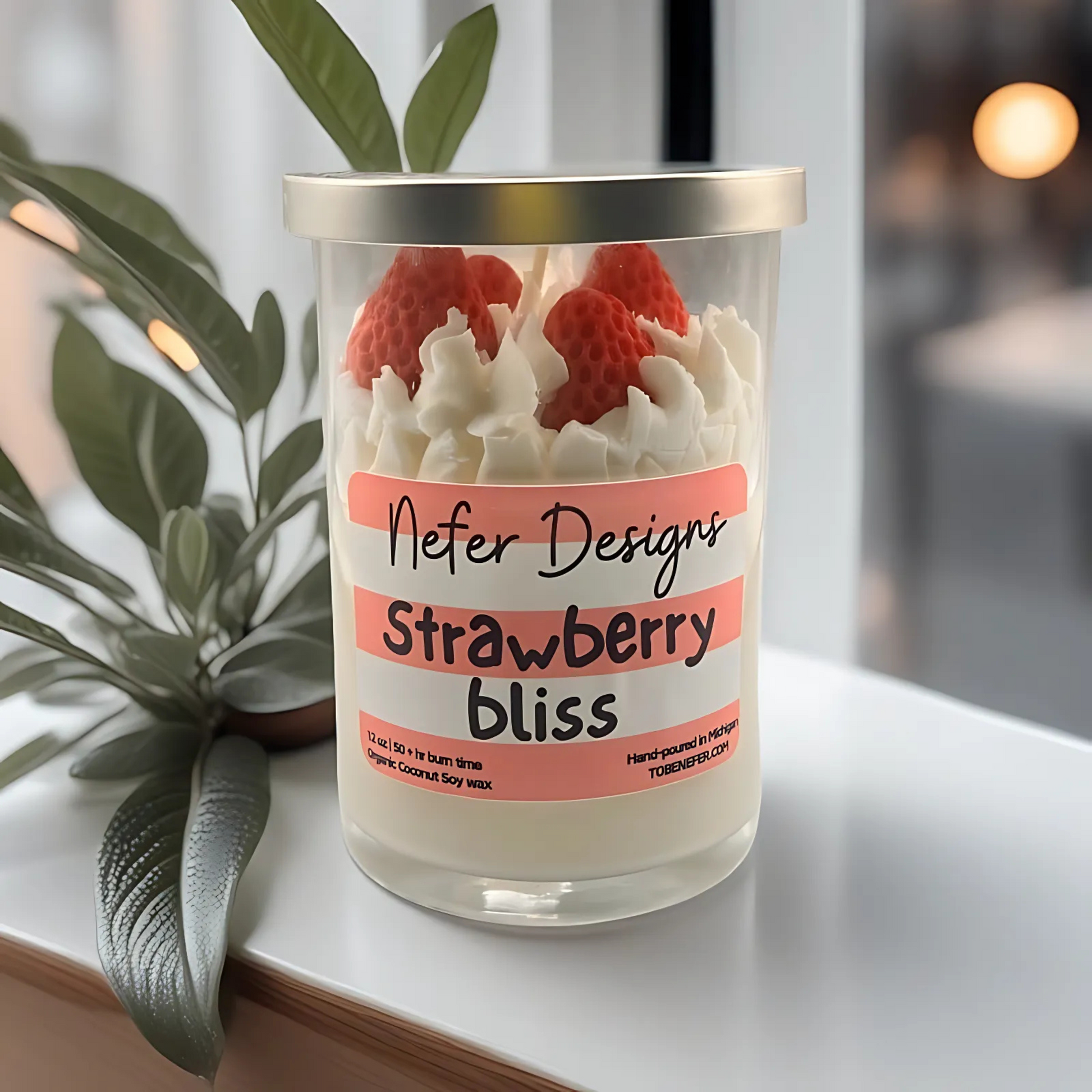 Strawberry Bliss Soy Candle with a juicy, sweet strawberry scent, hand-poured with coconut soy wax and topped with a swirl of whipped cream wax.