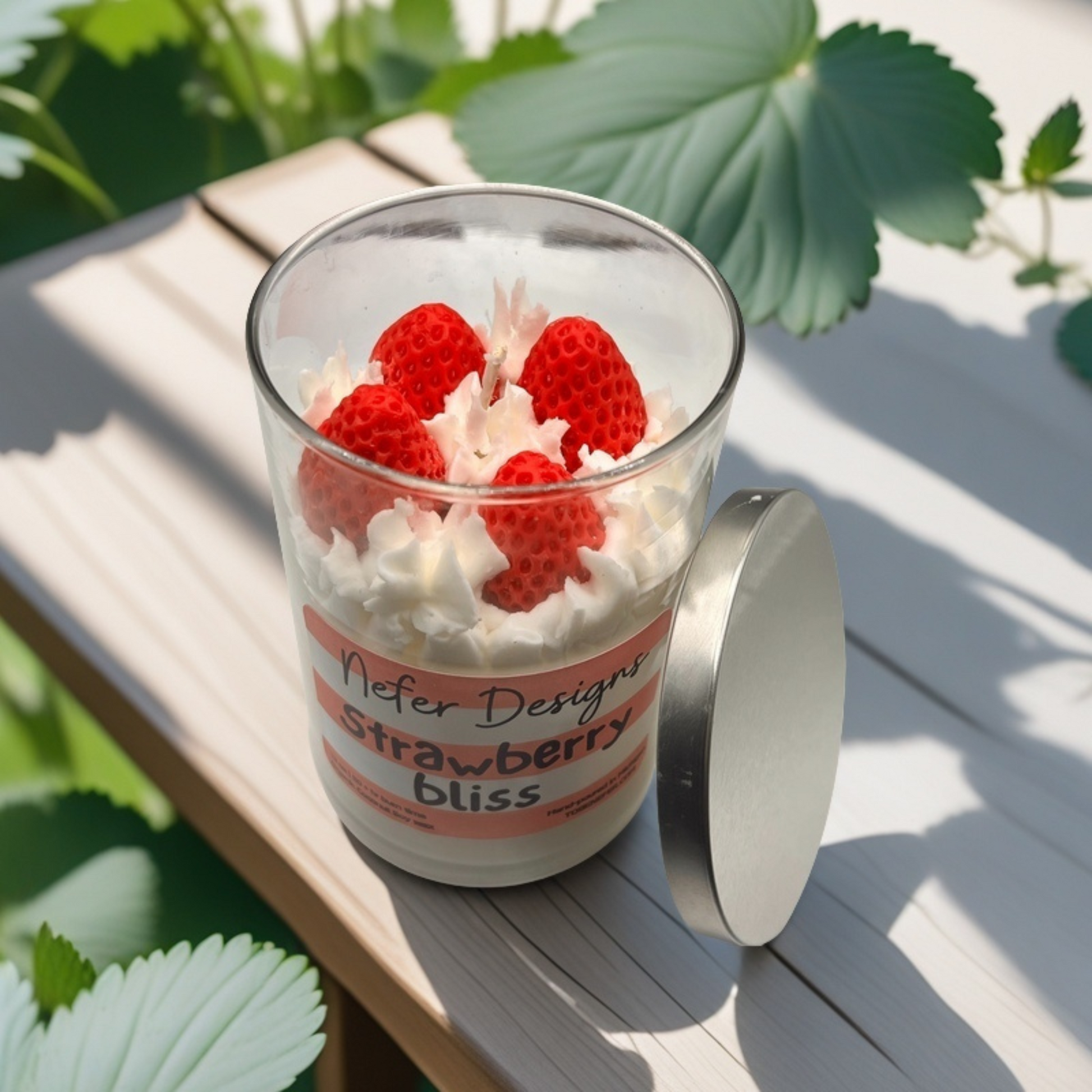 Strawberry Bliss Soy Candle with a juicy, sweet strawberry scent, hand-poured with coconut soy wax and topped with a swirl of whipped cream wax.