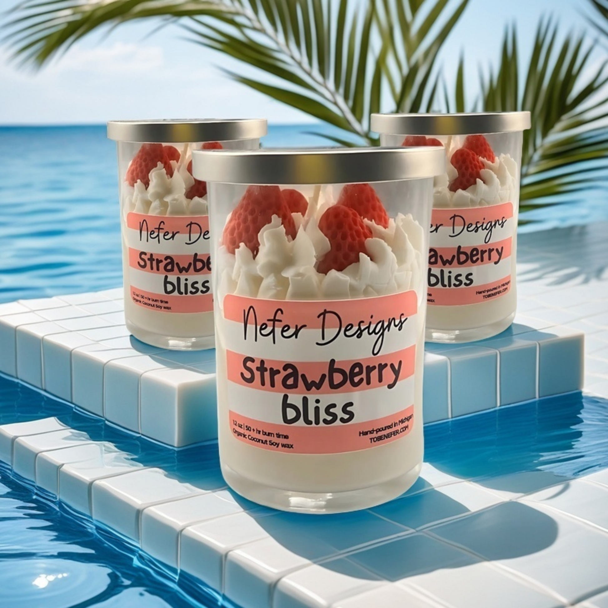 Strawberry Bliss Soy Candle with a juicy, sweet strawberry scent, hand-poured with coconut soy wax and topped with a swirl of whipped cream wax.