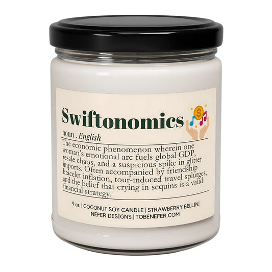 Candle jar with a label titled 'Swiftonomics' on a white background