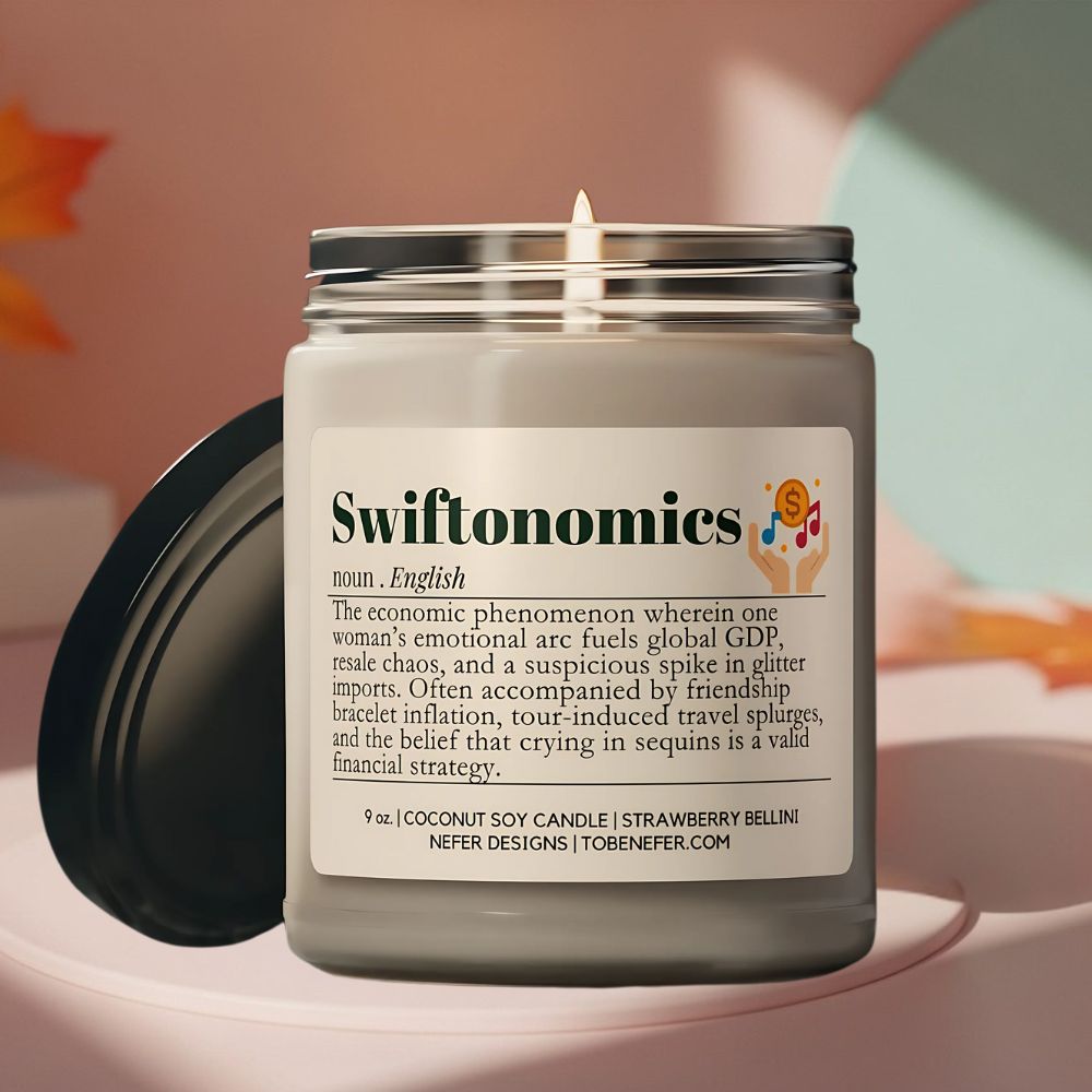 Candle jar labeled 'Swiftonomics' with a blurred background