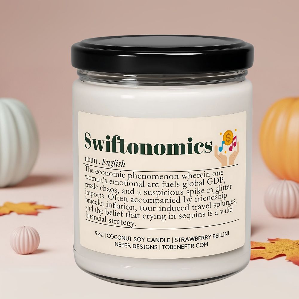 Candle jar with a label titled 'Swiftonomics' on a pink background