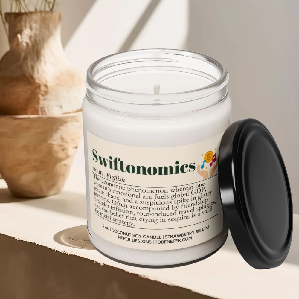 Candle in a glass jar with a label on a shelf