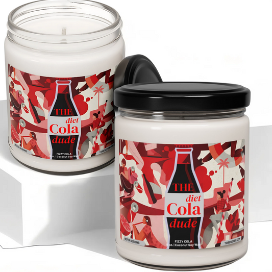 A 9 oz Diet Cola Dude Soda Pop Soy Candle in a repurposed soda can, featuring a bold red design. Hand-poured with a coconut and soy wax blend, it fills the air with the nostalgic scent of classic cola. A fun gift for soda lovers and vintage fans.