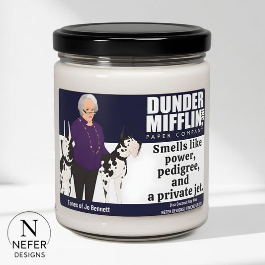 Jar with a label featuring  The Office Scented Candle Jo Bennett character with a funny description, on a white background
