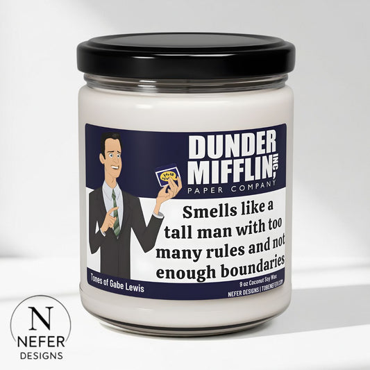 Scented andle with Dunder Mifflin character Gabe Lewis illustration with a funny text on the label on a white background
