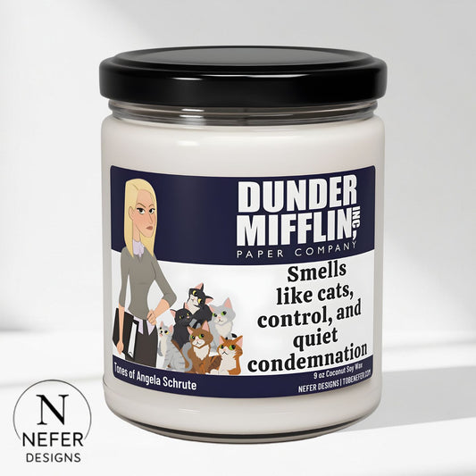 Candle jar with 'Dunder Mifflin' label and cartoon characters on a white background