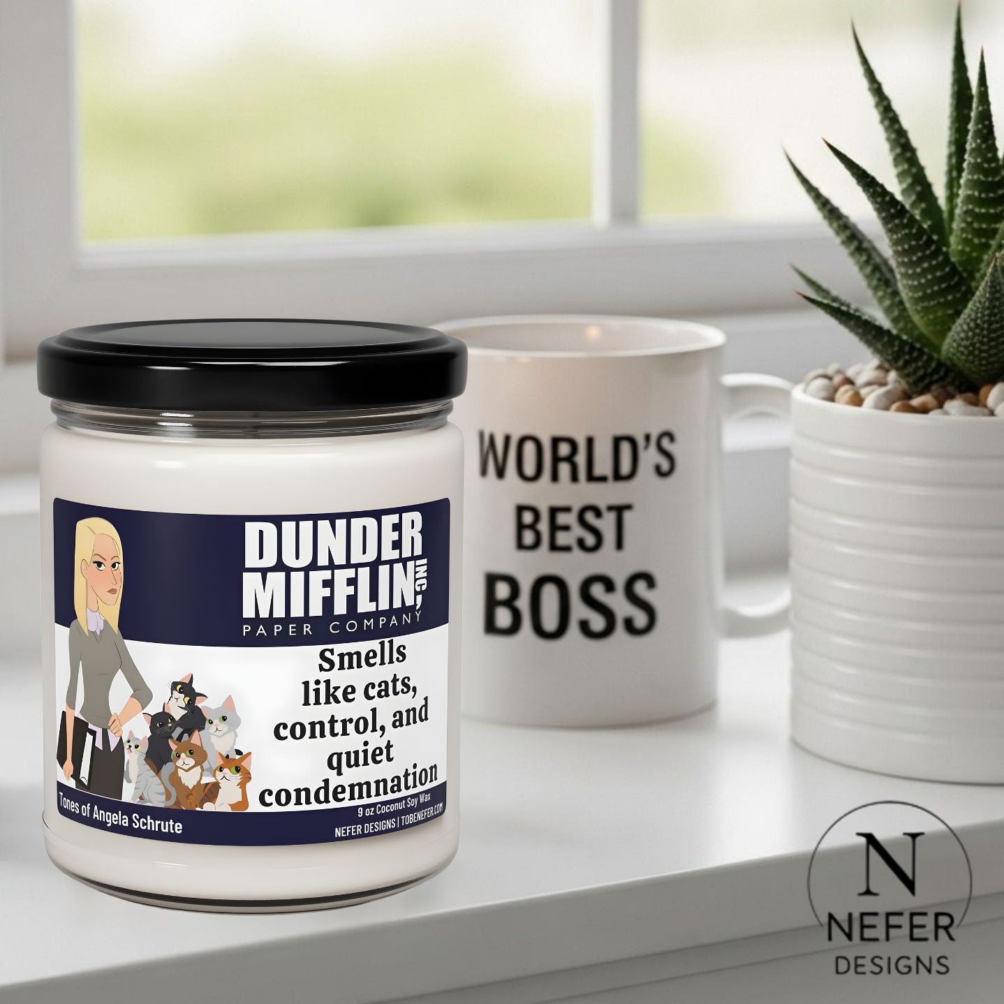 Jar labeled 'Dunder Mifflin' and 'World's Best Boss' mug on a surface with a plant in the background
