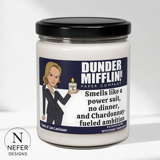 Scented candle with the Office character Jan featuring a funny  text, on a white background
