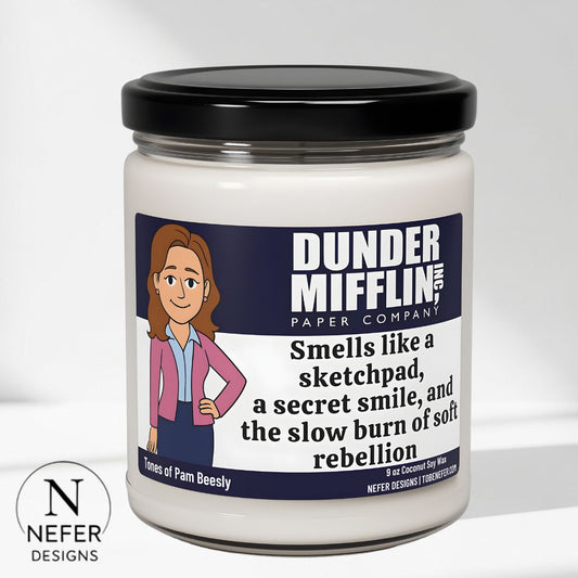 Scented Candle with Dunder Mifflin Inc. character Pam figure on the label featuring a funny text.