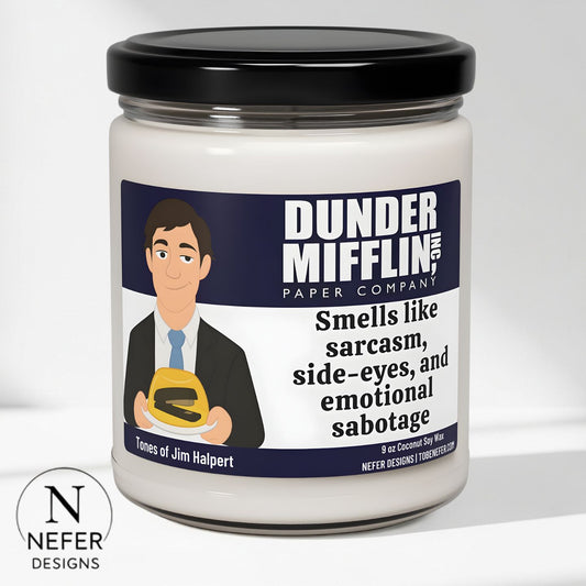 Jar of candle with Dunder Mifflin branding and humorous description for Jim Halpert character.
