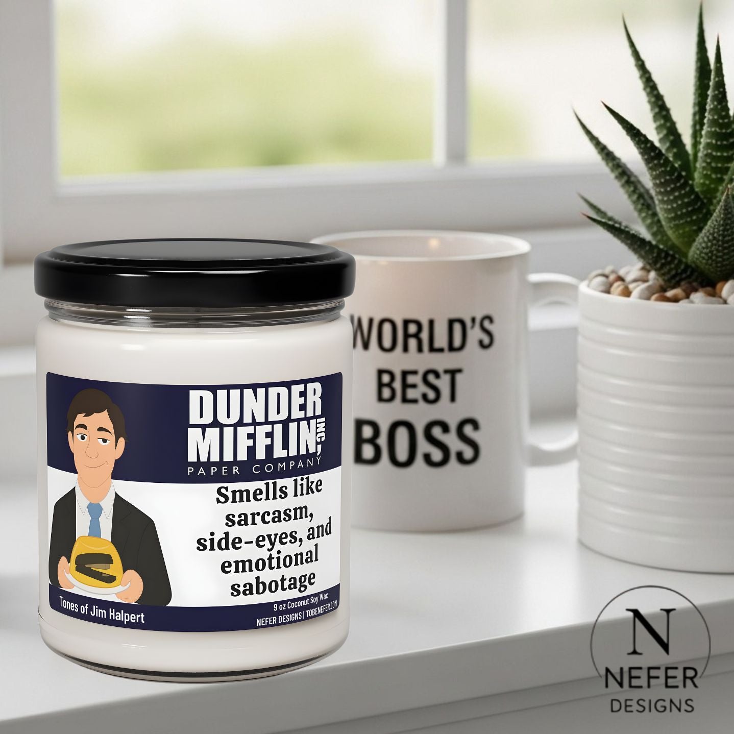 Jar with a label featuring a character from 'The Office' and a mug with 'World's Best Boss' text on a surface.