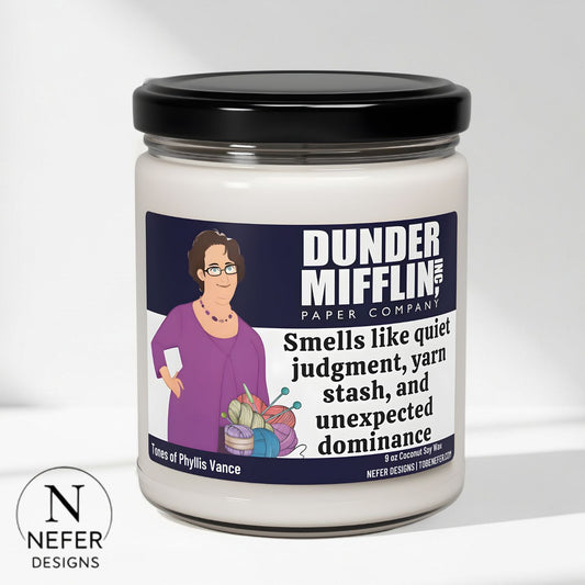 Candle with a label featuring a character from 'The Office' and the brand 'Nefer Designs'.