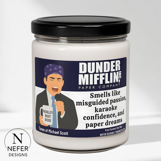 Candle with Dunder Mifflin branding and a humorous description on a white background