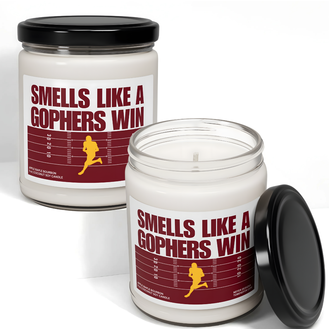Gophers game day candle with the themed colors on the label