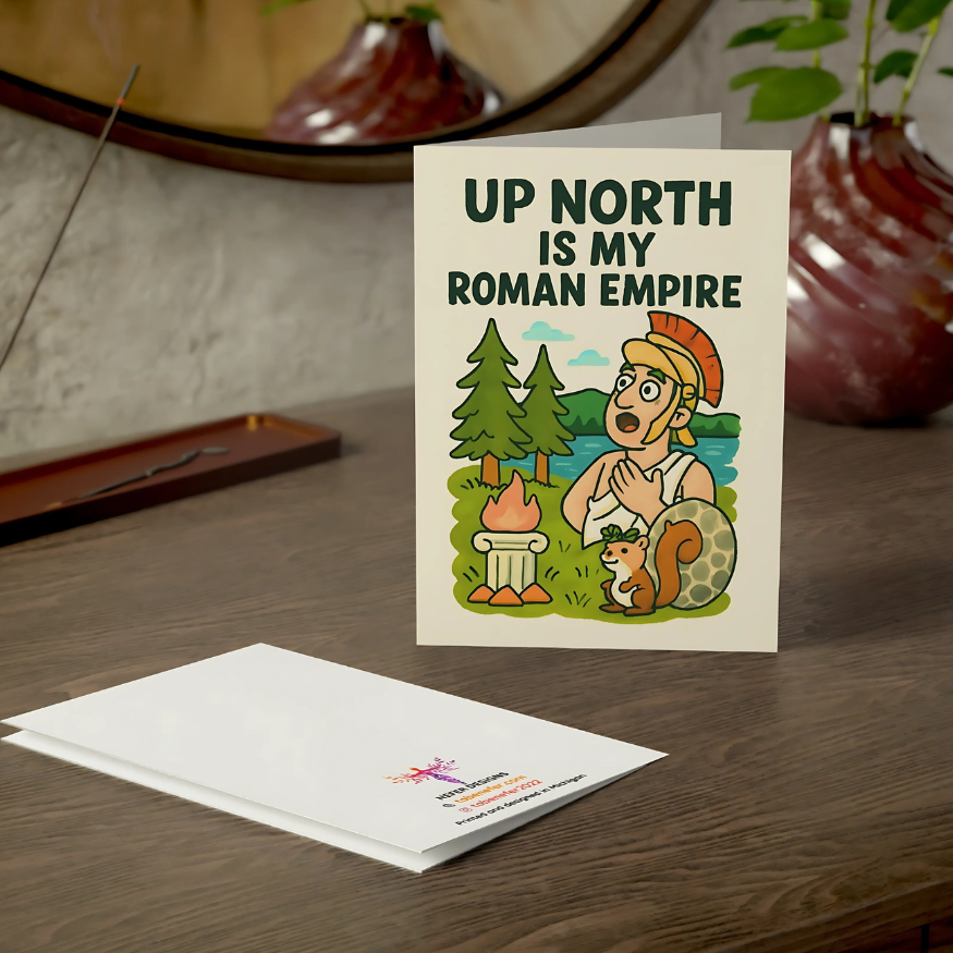 Greeting card with Roman-themed illustration on a wooden surface