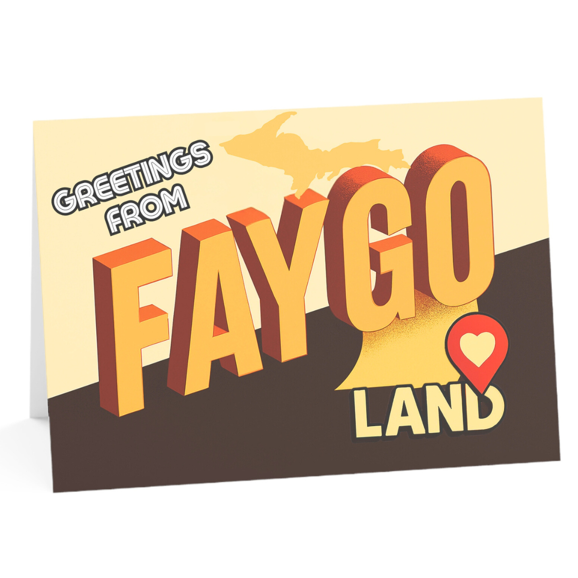 Greeting card with 'Greetings from Faygo Land' text and logo on a white background