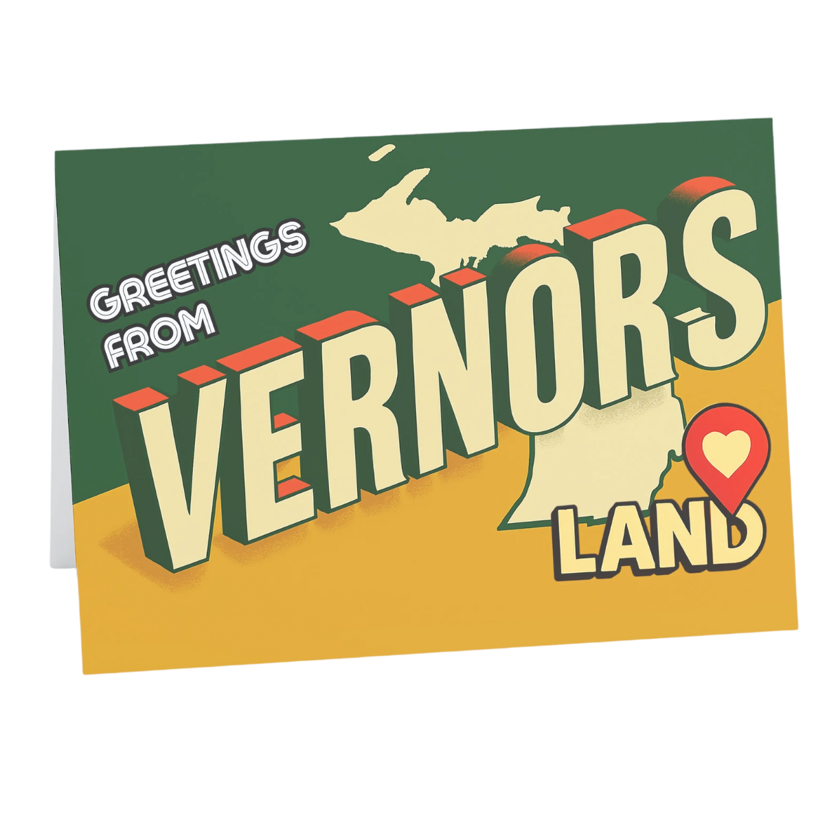 Greeting card with 'Greetings from Vernors Land' text and map design on a green and yellow background.