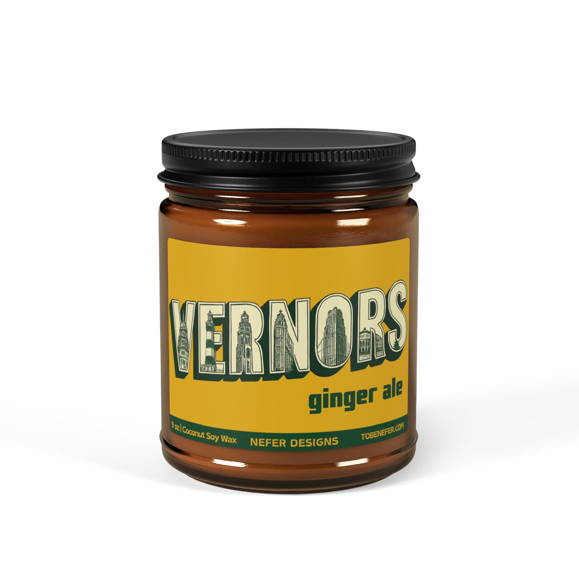 Vernors ginger ale candle in a glass jar with a yellow label on a white background