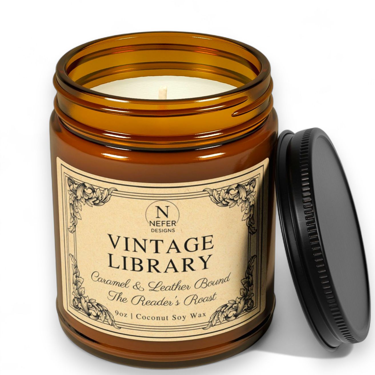 Bookish Candle with a vintage library label in an amber jar on a white background